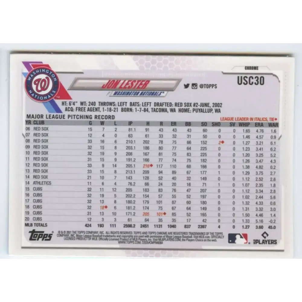 2021 Topps Chrome Update #USC30 Jon Lester NM-MT Washington Nationals Baseball Card - Baseball Card