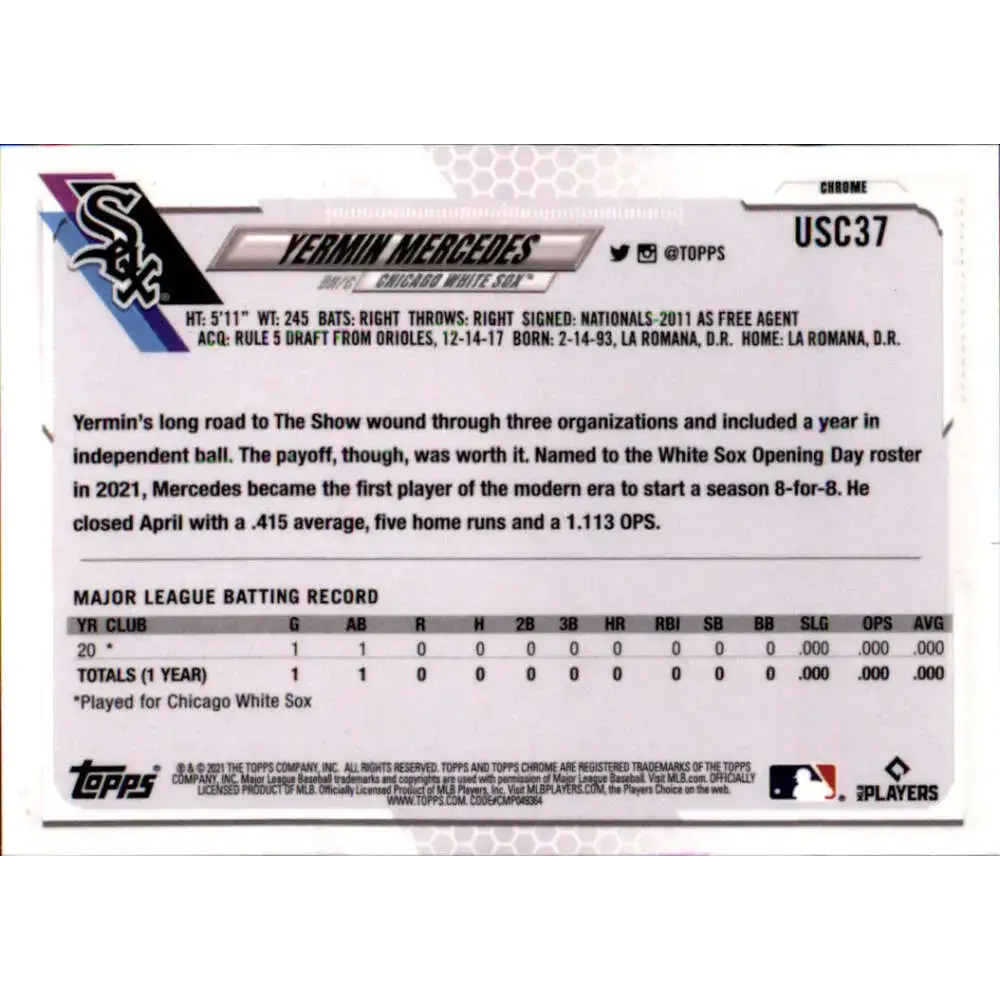 2021 Topps Chrome Update #USC37 Yermin Mercedes NM-MT RC Rookie Chicago White Sox Baseball Card