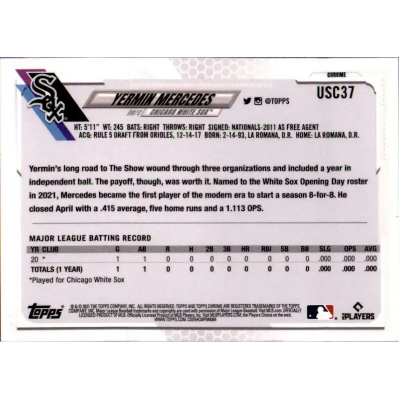 2021 Topps Chrome Update #USC37 Yermin Mercedes NM-MT RC Rookie Chicago White Sox Baseball Card