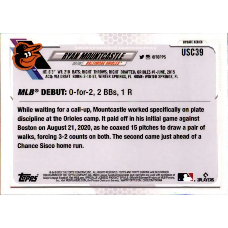 2021 Topps Chrome Update #USC39 Ryan Mountcastle NM-MT RC Rookie Baltimore Orioles Baseball Card - Baseball Card Single