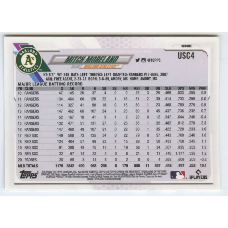 2021 Topps Chrome Update #USC4 Mitch Moreland NM-MT Oakland Athletics Baseball Card - Baseball Card Single