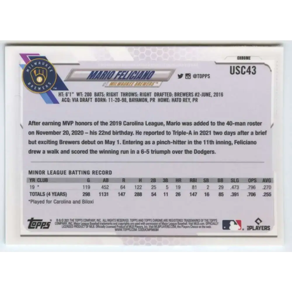 2021 Topps Chrome Update #USC43 Mario Feliciano NM-MT RC Rookie Milwaukee Brewers Baseball Card - Baseball Card