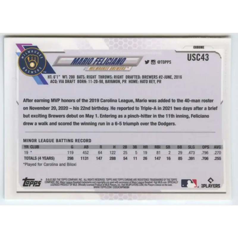 2021 Topps Chrome Update #USC43 Mario Feliciano NM-MT RC Rookie Milwaukee Brewers Baseball Card