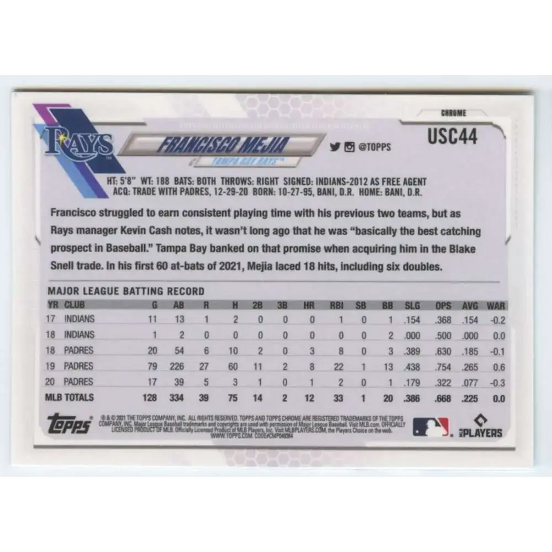 2021 Topps Chrome Update #USC44 Francisco Mejia NM-MT Tampa Bay Rays Baseball Card - Baseball Card Single