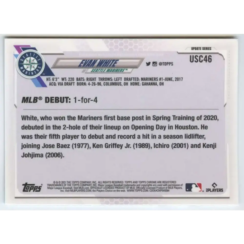 2021 Topps Chrome Update #USC46 Evan White NM-MT RC Rookie Seattle Mariners Baseball Card - Baseball Card Single