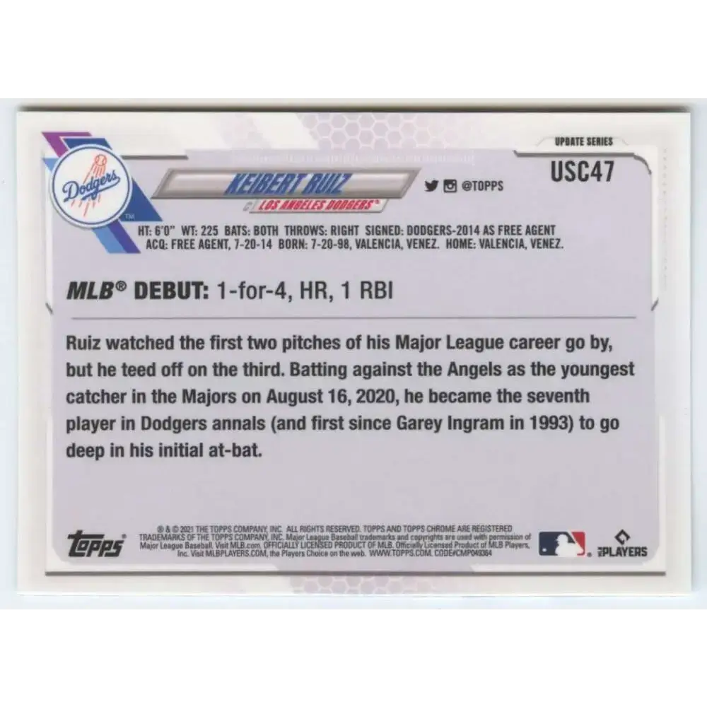 2021 Topps Chrome Update #USC47 Keibert Ruiz NM-MT RC Rookie Los Angeles Dodgers Baseball Card - Baseball Card