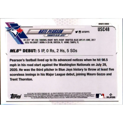 2021 Topps Chrome Update #USC48 Nate Pearson NM-MT RC Rookie Toronto Blue Jays Baseball Card - Baseball Card