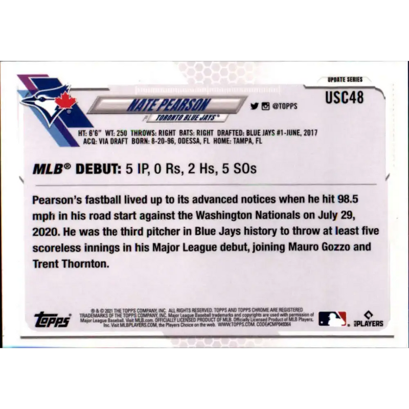 2021 Topps Chrome Update #USC48 Nate Pearson NM-MT RC Rookie Toronto Blue Jays Baseball Card - Baseball Card Single