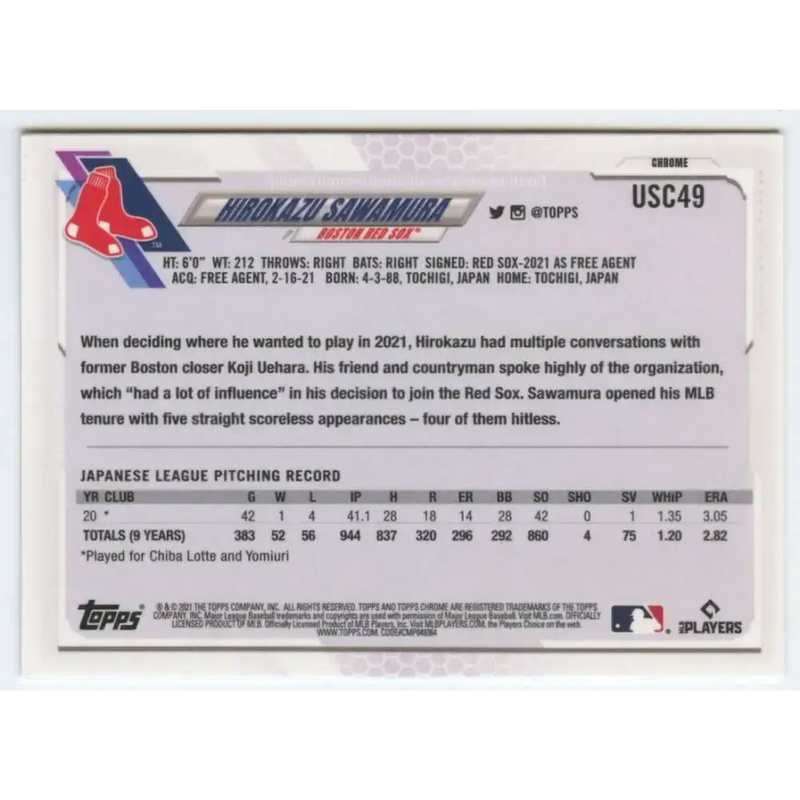 2021 Topps Chrome Update #USC49 Hirokazu Sawamura NM-MT RC Rookie Boston Red Sox Baseball Card - Baseball Card Single