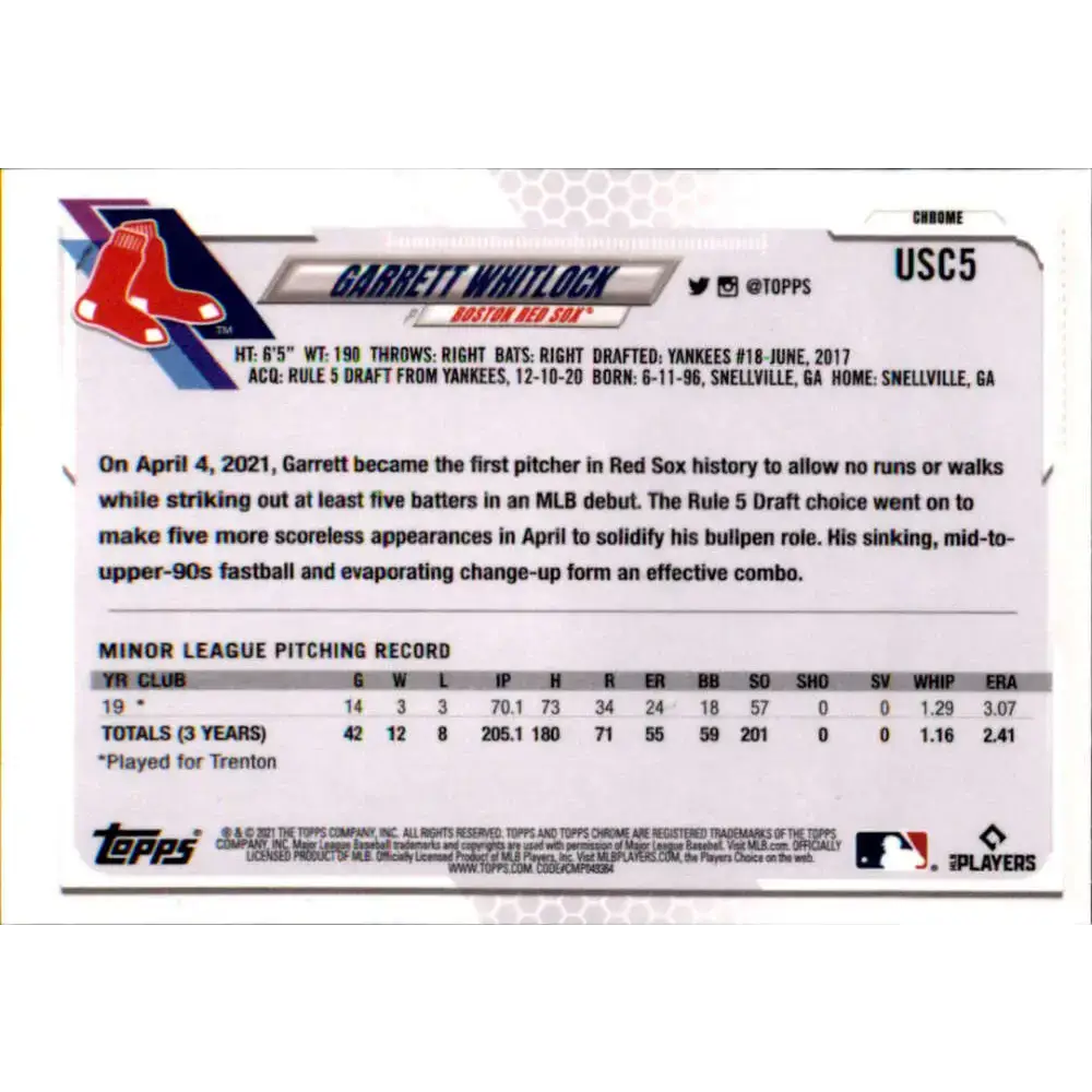 2021 Topps Chrome Update #USC5 Garrett Whitlock NM-MT RC Rookie Boston Red Sox Baseball Card - Baseball Card