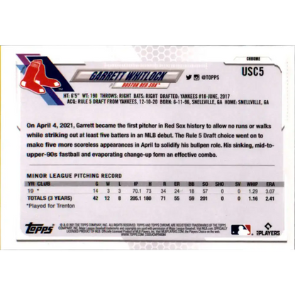 2021 Topps Chrome Update #USC5 Garrett Whitlock NM-MT RC Rookie Boston Red Sox Baseball Card - Baseball Card