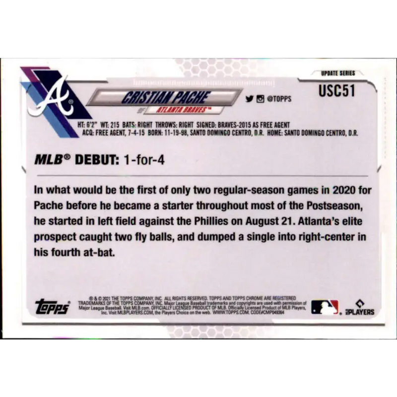 2021 Topps Chrome Update #USC51 Cristian Pache NM-MT RC Rookie Atlanta Braves Baseball Card - Baseball Card Single
