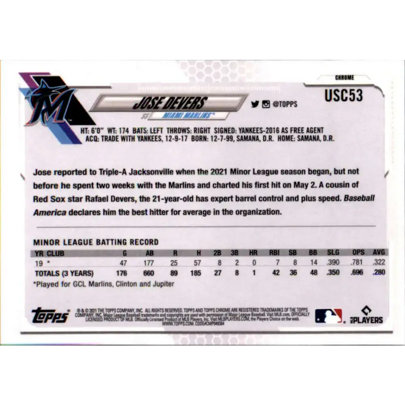 2021 Topps Chrome Update #USC53 Jose Devers NM-MT RC Rookie Miami Marlins Baseball Card - Baseball Card Single