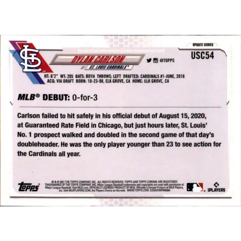 2021 Topps Chrome Update #USC54 Dylan Carlson NM-MT RC Rookie St. Louis Cardinals Baseball Card - Baseball Card Single