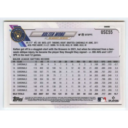 2021 Topps Chrome Update #USC55 Kolten Wong NM-MT Milwaukee Brewers Baseball Card - Baseball Card