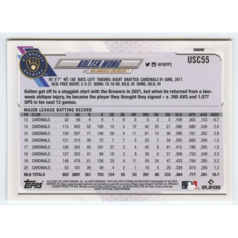 2021 Topps Chrome Update #USC55 Kolten Wong NM-MT Milwaukee Brewers Baseball Card - Baseball Card Single