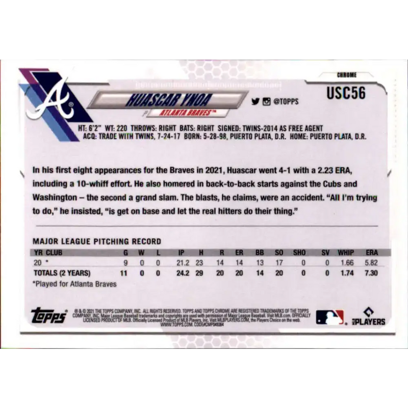 2021 Topps Chrome Update #USC56 Huascar Ynoa NM-MT RC Rookie Atlanta Braves Baseball Card