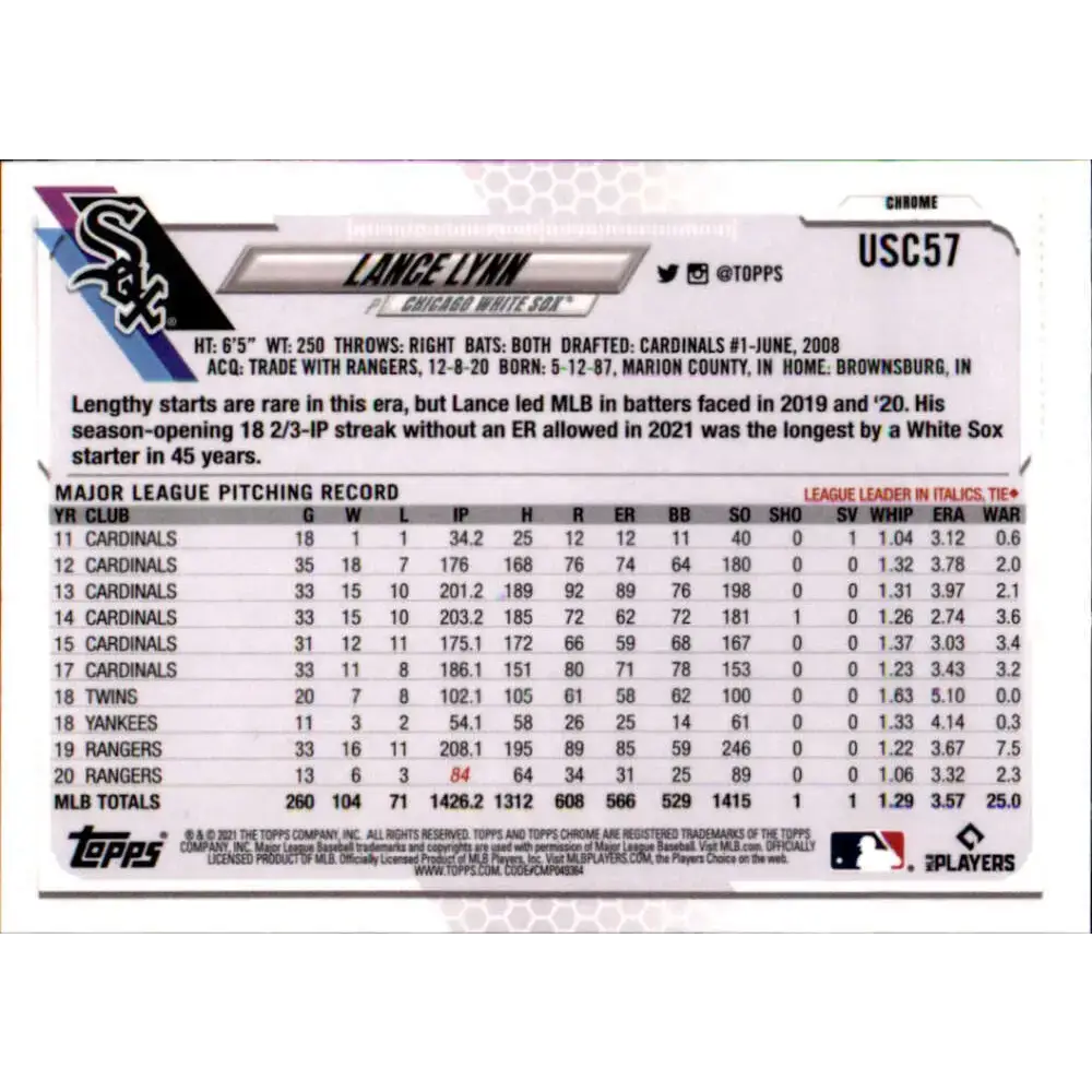 2021 Topps Chrome Update #USC57 Lance Lynn NM-MT Chicago White Sox Baseball Card - Baseball Card