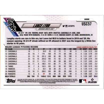 2021 Topps Chrome Update #USC57 Lance Lynn NM-MT Chicago White Sox Baseball Card - Baseball Card