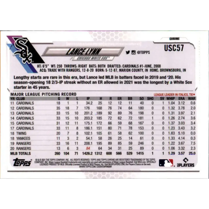 2021 Topps Chrome Update #USC57 Lance Lynn NM-MT Chicago White Sox Baseball Card - Baseball Card Single