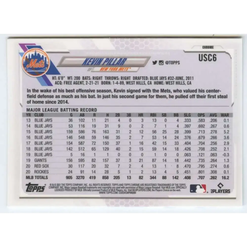 2021 Topps Chrome Update #USC6 Kevin Pillar NM-MT New York Mets Baseball Card - Baseball Card Single