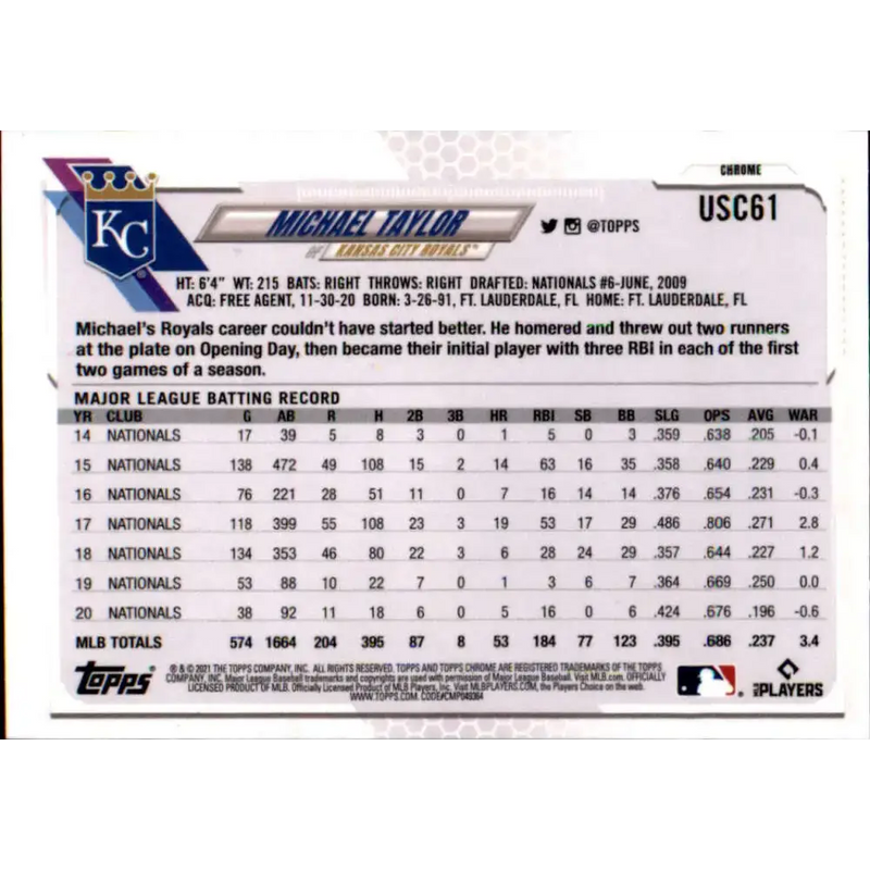 2021 Topps Chrome Update #USC61 Michael Taylor NM-MT Kansas City Royals Baseball Card - Baseball Card Single
