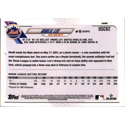 2021 Topps Chrome Update #USC62 Khalil Lee NM-MT RC Rookie New York Mets Baseball Card - Baseball Card