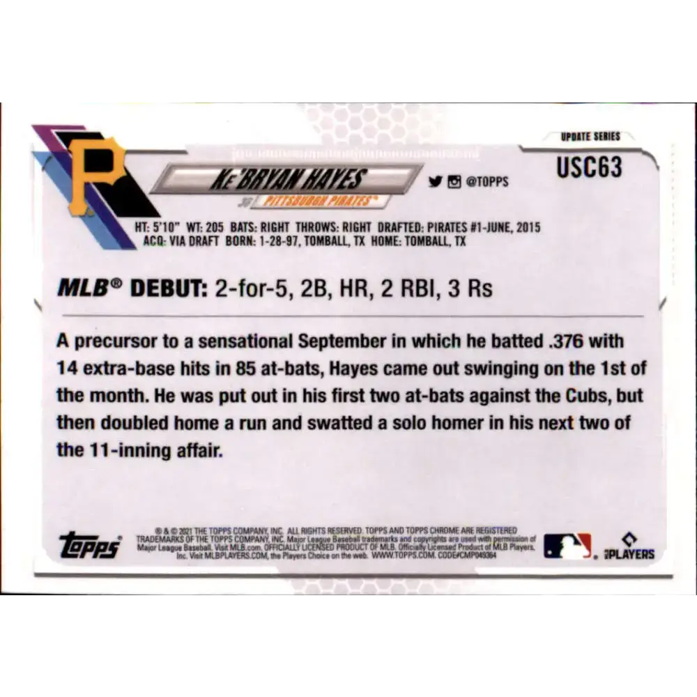 2021 Topps Chrome Update #USC63 Ke’Bryan Hayes NM-MT RC Rookie Pittsburgh Pirates Baseball Card - Baseball Card