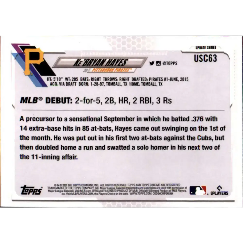 2021 Topps Chrome Update #USC63 Ke’Bryan Hayes NM-MT RC Rookie Pittsburgh Pirates Baseball Card - Baseball Card Single