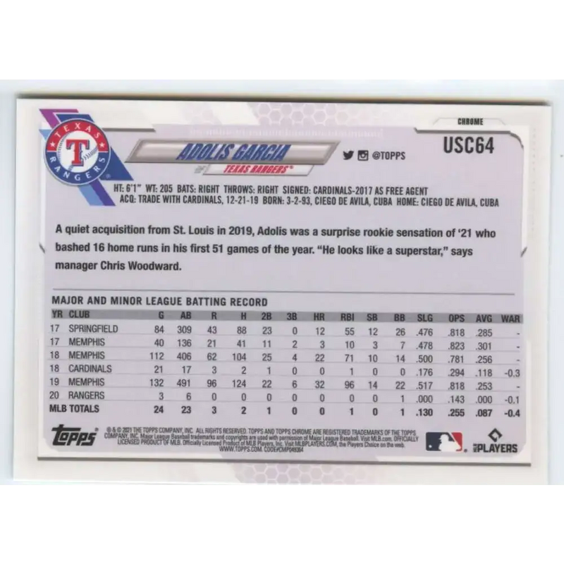 2021 Topps Chrome Update #USC64 Adolis Garcia NM-MT Texas Rangers Baseball Card - Baseball Card Single