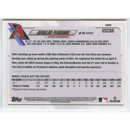2021 Topps Chrome Update #USC66 Geraldo Perdomo NM-MT RC Rookie Arizona Diamondbacks Baseball Card - Baseball Card