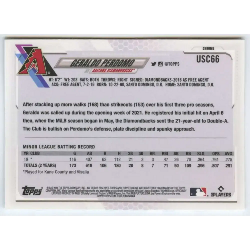 2021 Topps Chrome Update #USC66 Geraldo Perdomo NM-MT RC Rookie Arizona Diamondbacks Baseball Card - Baseball Card