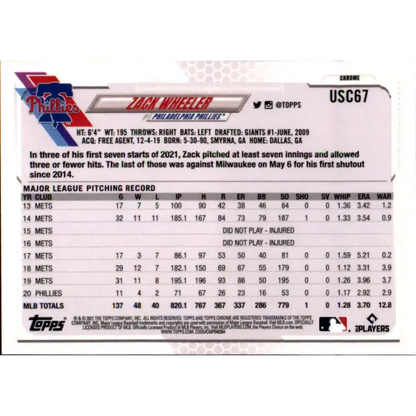2021 Topps Chrome Update #USC67 Zack Wheeler NM-MT Philadelphia Phillies Baseball Card - Trading Cards