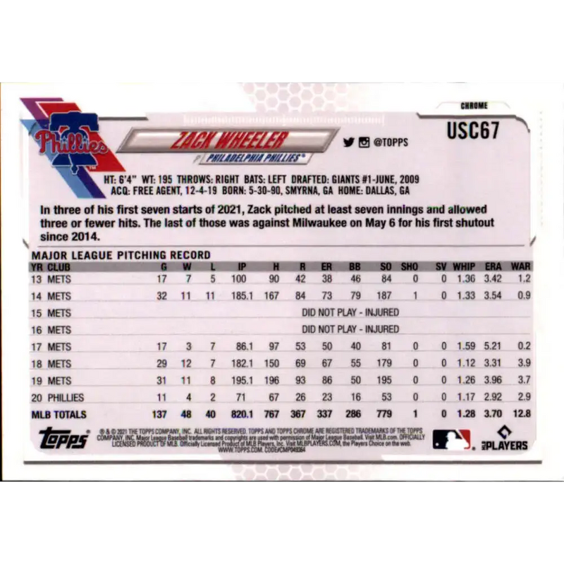 2021 Topps Chrome Update #USC67 Zack Wheeler NM-MT Philadelphia Phillies Baseball Card - Baseball Card Single