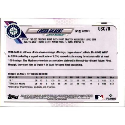 2021 Topps Chrome Update #USC70 Logan Gilbert NM-MT RC Rookie Seattle Mariners Baseball Card - Baseball Card