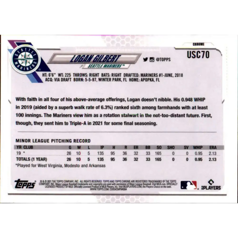 2021 Topps Chrome Update #USC70 Logan Gilbert NM-MT RC Rookie Seattle Mariners Baseball Card - Baseball Card Single