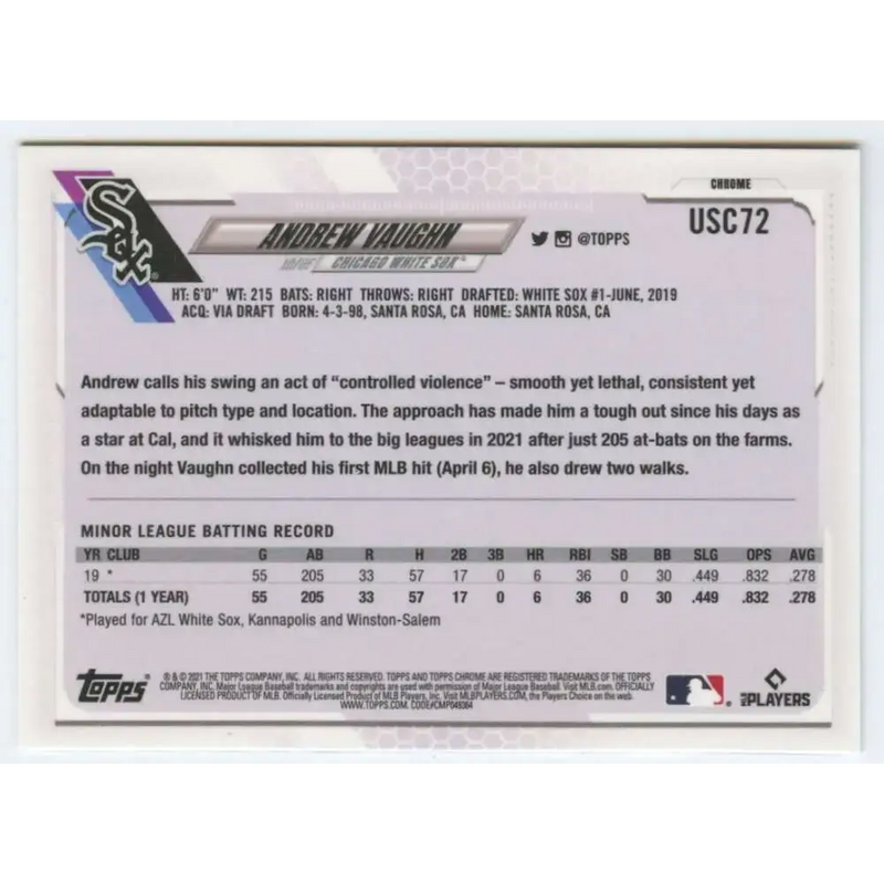 2021 Topps Chrome Update #USC72 Andrew Vaughn NM-MT RC Rookie Chicago White Sox Baseball Card