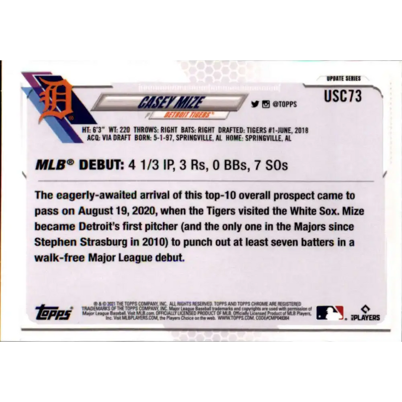 2021 Topps Chrome Update #USC73 Casey Mize NM-MT RC Rookie Detroit Tigers Baseball Card - Baseball Card Single