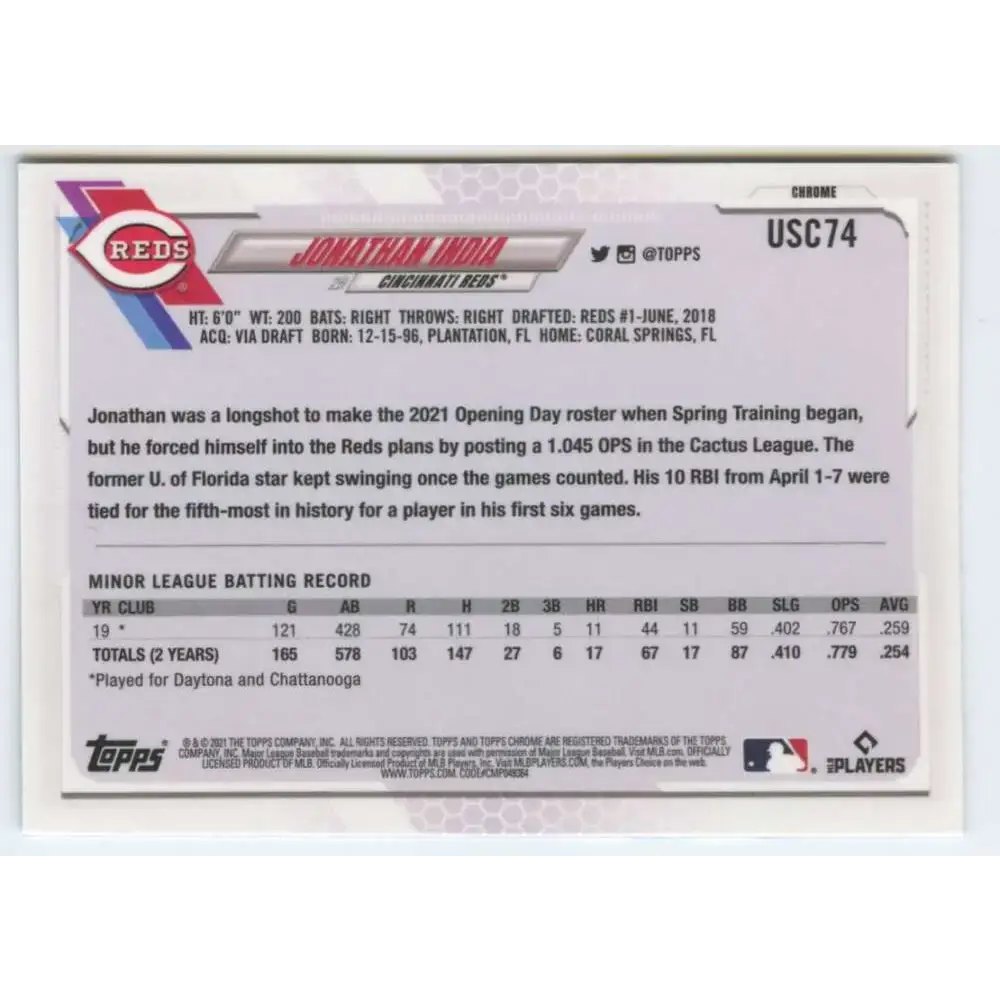 2021 Topps Chrome Update #USC74 Jonathan India NM-MT RC Rookie Cincinnati Reds Baseball Card - Trading Cards