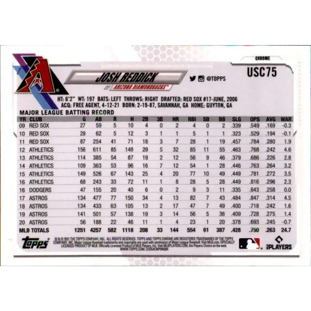 2021 Topps Chrome Update #USC75 Josh Reddick NM-MT Arizona Diamondbacks Baseball Card - Baseball Card