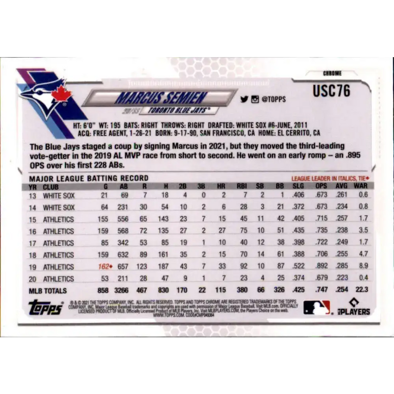 2021 Topps Chrome Update #USC76 Marcus Semien NM-MT Toronto Blue Jays Baseball Card - Baseball Card Single