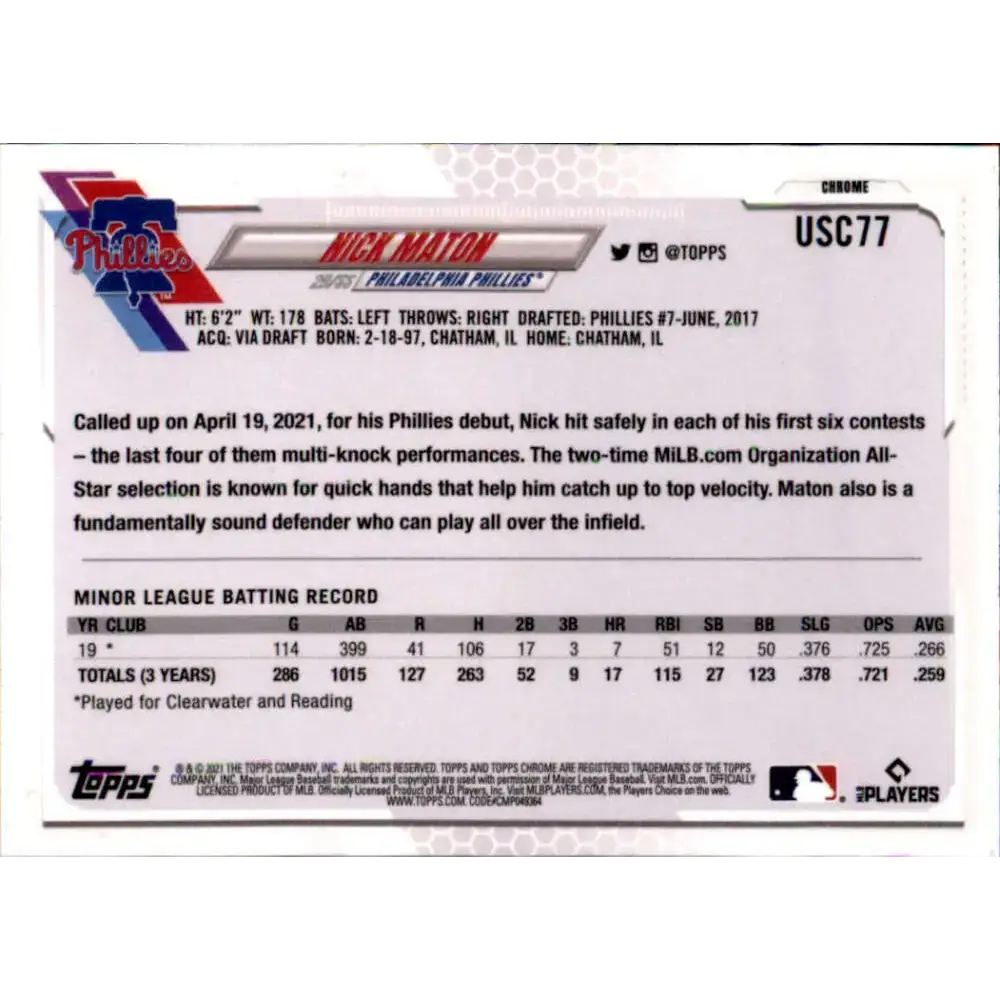 2021 Topps Chrome Update #USC77 Nick Maton NM-MT RC Rookie Philadelphia Phillies Baseball Card - Baseball Card