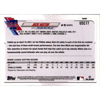 2021 Topps Chrome Update #USC77 Nick Maton NM-MT RC Rookie Philadelphia Phillies Baseball Card - Baseball Card