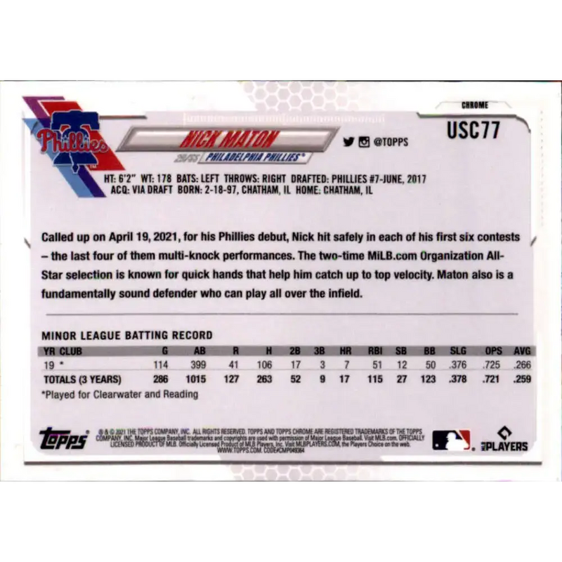2021 Topps Chrome Update #USC77 Nick Maton NM-MT RC Rookie Philadelphia Phillies Baseball Card - Baseball Card Single