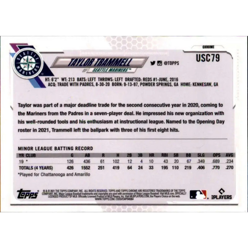 2021 Topps Chrome Update #USC79 Taylor Trammell NM-MT RC Rookie Seattle Mariners Baseball Card - Baseball Card Single