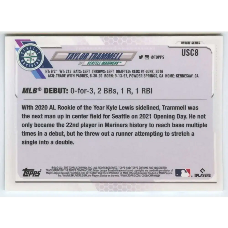 2021 Topps Chrome Update #USC8 Taylor Trammell NM-MT RC Rookie Seattle Mariners Baseball Card - Baseball Card Single