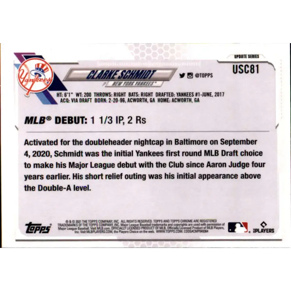 2021 Topps Chrome Update #USC81 Clarke Schmidt NM-MT RC Rookie New York Yankees Baseball Card - Trading Cards