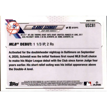 2021 Topps Chrome Update #USC81 Clarke Schmidt NM-MT RC Rookie New York Yankees Baseball Card - Trading Cards