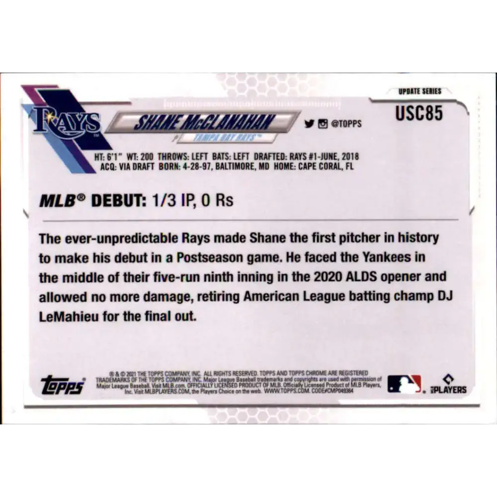 2021 Topps Chrome Update #USC85 Shane McClanahan NM-MT RC Rookie Tampa Bay Rays Baseball Card
