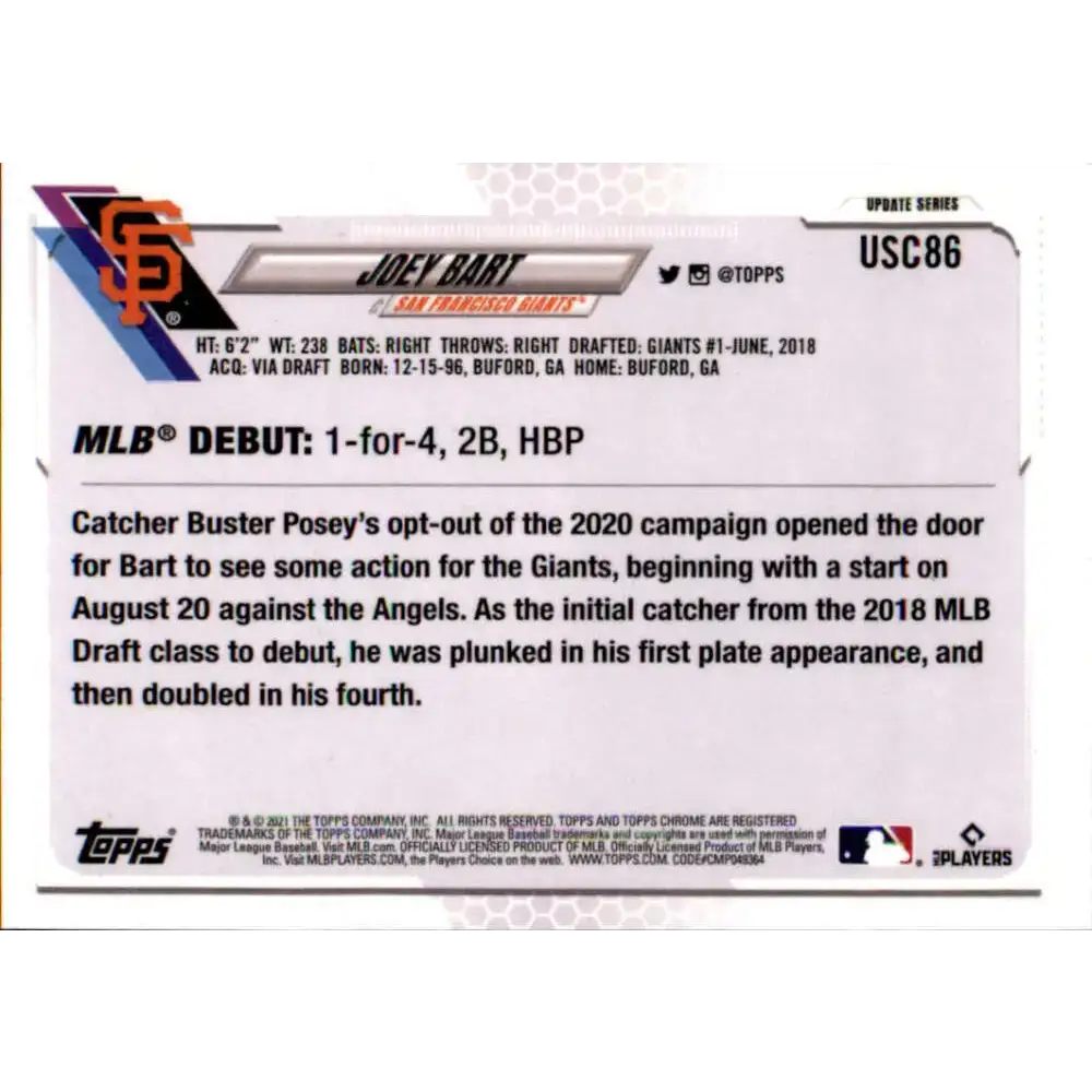 2021 Topps Chrome Update #USC86 Joey Bart NM-MT RC Rookie San Francisco Giants Baseball Card - Baseball Card
